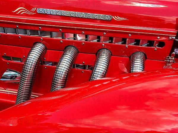 Detail of bonnet of historic classic sports car Auburn Boattail Speedster 852 Supercharged from 30s 1936 by Auburn Automobile Company, Classic Days