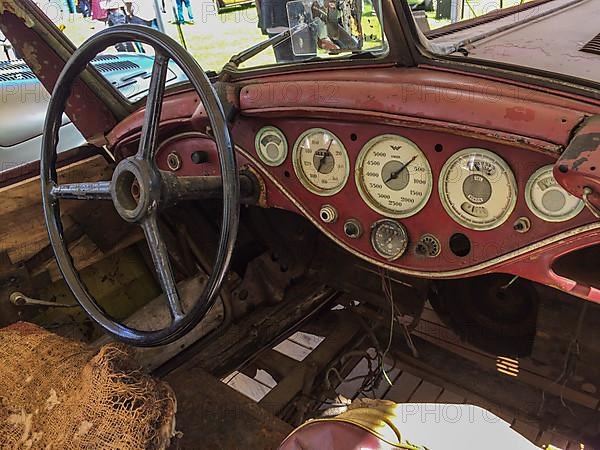 View of armasture board of historic sports car Audi hiker W25 K Roadster unrestored, barn find