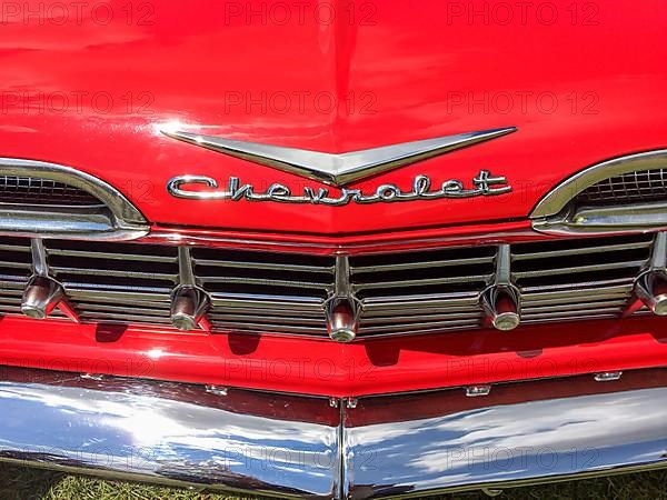 Close-up of radiator grille of classic historic pick-up Chevrolet El Camino, above lettering Chevrloet