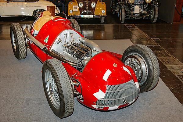 Historic Italian racing car Alfa Romeo GP Tipo 158 Alfetta first Formal 1 winner 1950 50s with opened bonnet, Techno Classica fair