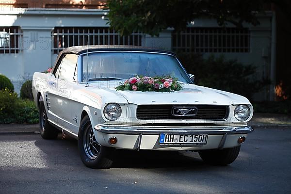 Ford Mustang, wedding car decorated with roses