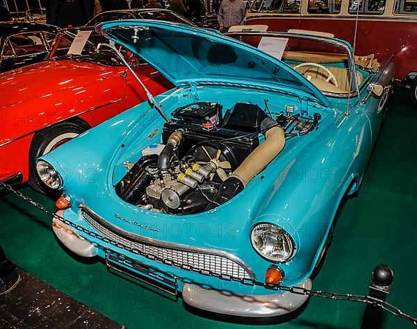 View into engine compartment of classic car Auto Union 1000 sp Roadster, Techno Classica trade fair