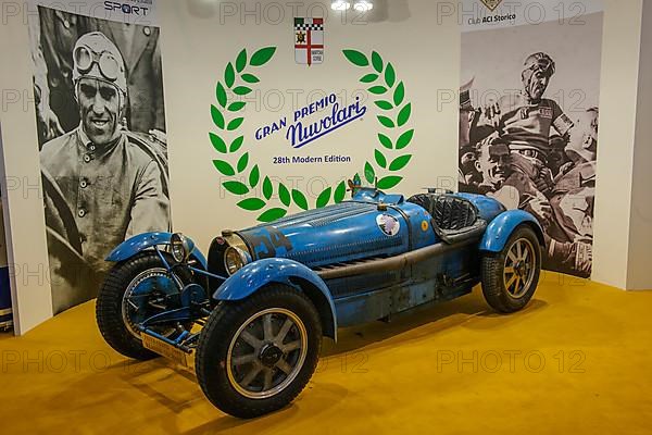 Historic racing car Classic Car Bugatti Type 59 of Tazio Nuvolari memorial race in version for road registration, Techno Classica fair