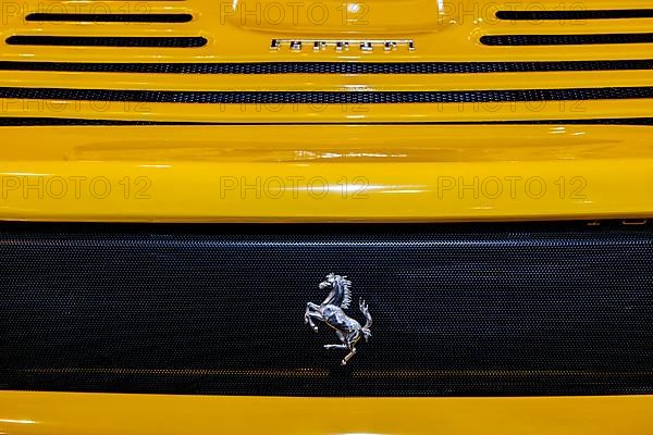 View of rear end of yellow Ferrari with logo Cavallino Rampante jumping horse, Techno Classica fair