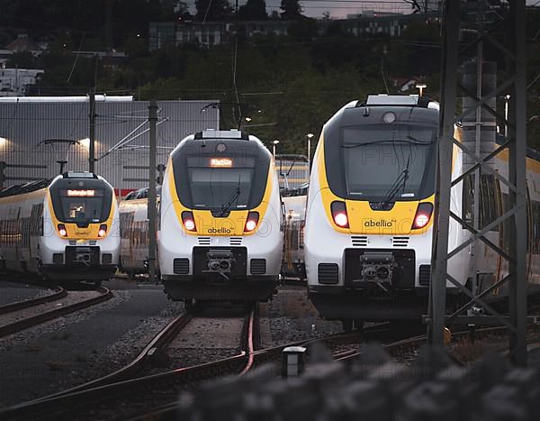 Trains in the signal box on parking position at dusk, Pforzheim