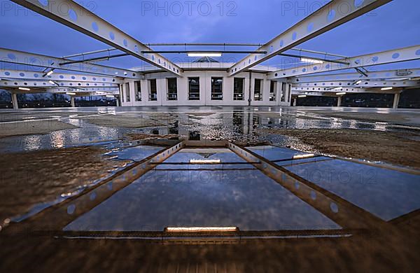 Roof of the Mercedes Benz car park in Bad Cannstatt, reflection in water