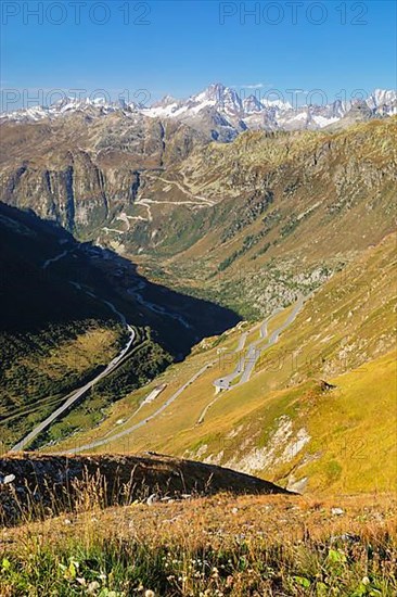 View from Furka Pass to the Bernese Alps with Grimsel Pass, Uri Alps