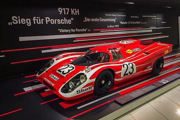 Historic racing car Porsche 917 KH Kurzheck from 1970 at first Porsche overall victory of 24h 24 hours of Le Mans by racing driver Hans Hermann Richard Attwood, Porsche Museum