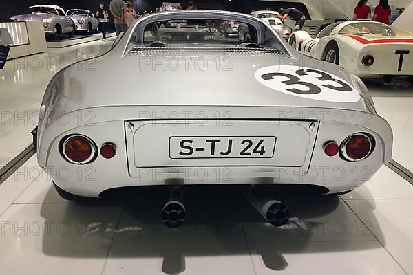 Rear view double pipe exhaust system exhaust pipes of sports car racing car Porsche 904 GTS with road approval developed by designer Ferdinand Butzi Porsche Jr. Porsche Museum, Stuttgart Zuffenhausen