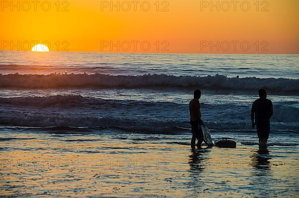 Surfers in backlight in the ocean of Del Mar, California