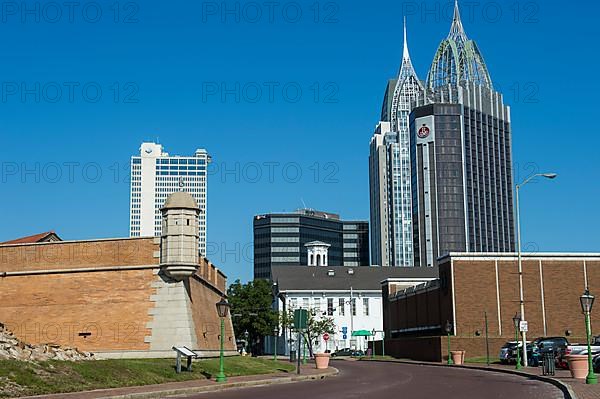 Bastion of the Fort Conde before the skline of Mobile, Alabama