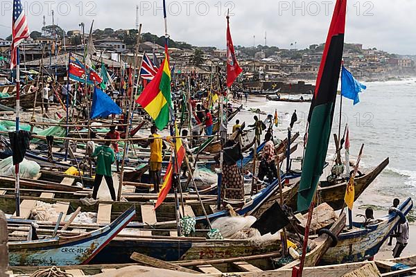 Traditional fishing boats, flags