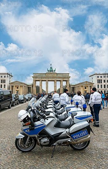 Berlin police motorbike squad stands in front of the Brandenburg Gate, Berlin