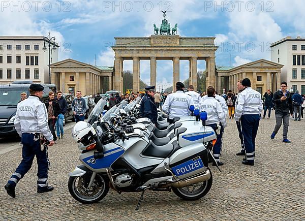 Berlin police motorbike squad stands in front of the Brandenburg Gate, Berlin