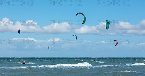 Kitesurfer in front of Graswarder peninsula, Heiligenhafen