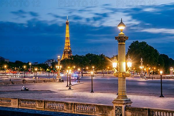 Place de la Concorde with Eiffel Tower at dusk, Paris