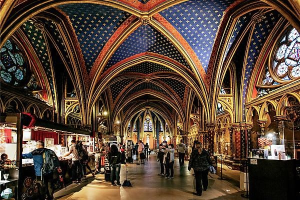 Souvenir stalls in the lower chapel of the Sainte-Chapelle on the Ile de la Cite, Paris