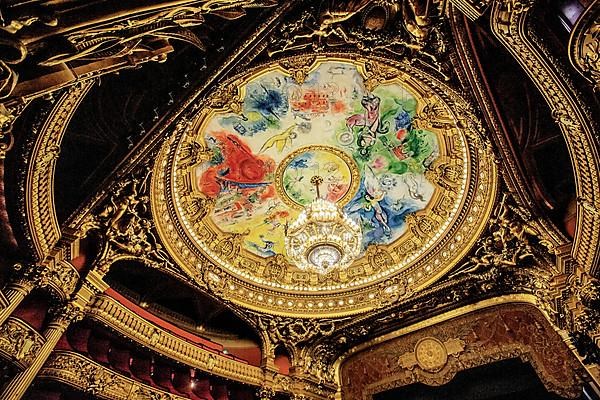 Dome above the auditorium with ceiling painting by Marc Chagall, at the Opera Garnier in the Palais Garnier