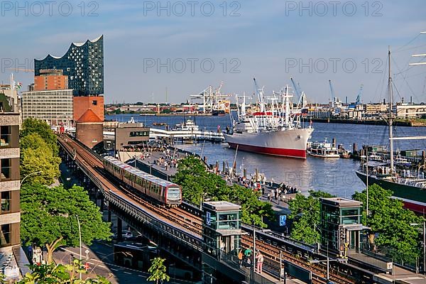 Hamburg elevated railway with museum ship and Elbe Philharmonic Hall on the Elbe in the Port of Hamburg, Hamburg