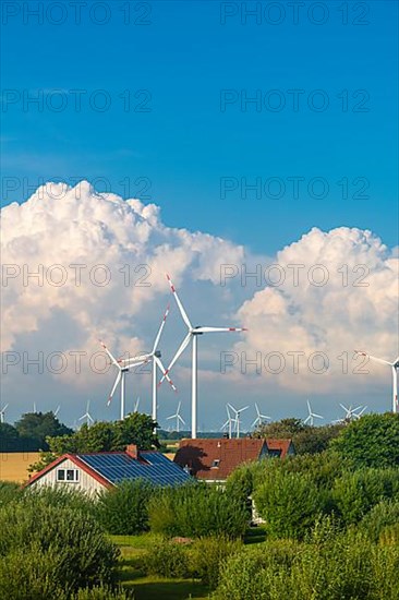 Wind turbines in the Reussenkoege marshes, building with solar panel