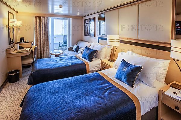 Twin outside cabin with balcony on the Transatlantic Liner, cruise ship Queen Mary 2