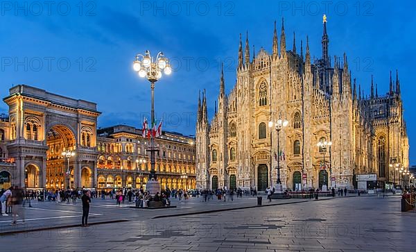 Piazza del Duomo, Cathedral Square with Cathedral and Galleria Vittorio Emanuele II at dusk