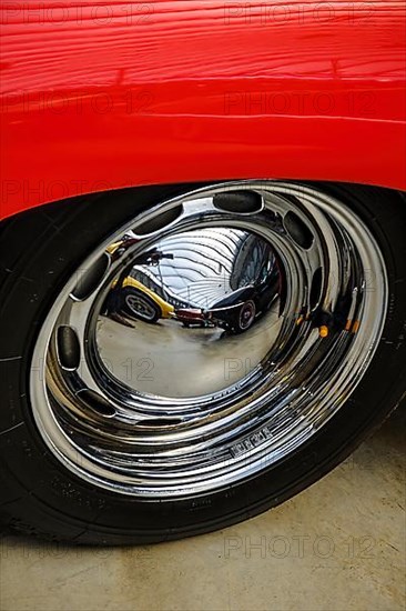 Classic rim of historic classic car sports car Porsche 356 Speedster with perforated rim as design element, Germany