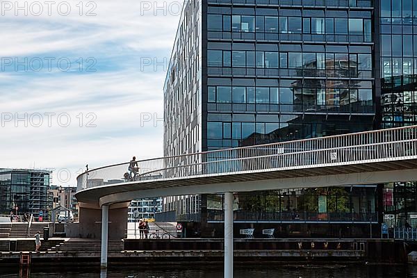 Cyclists on bridge over inner harbour basin, Cykelslangen bicycle bridge