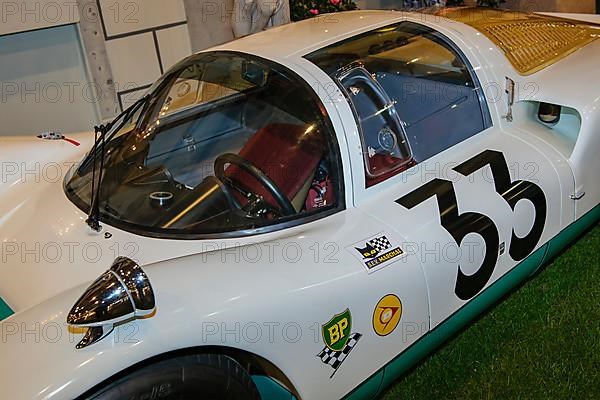 Driver's cabin of historic classic racing car classic car for motorsport Porsche 906 Le Mans 1966 No. 33 from 60s, fair Techno Classica