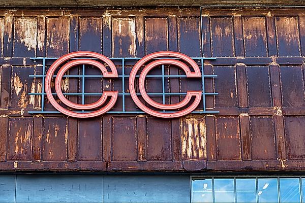 Facade of an old industrial hall with logo CC, Copenhagen Contemporary