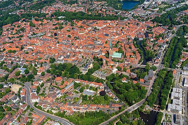 Aerial view of the Hanseatic city of Lueneburg, Ilmenau