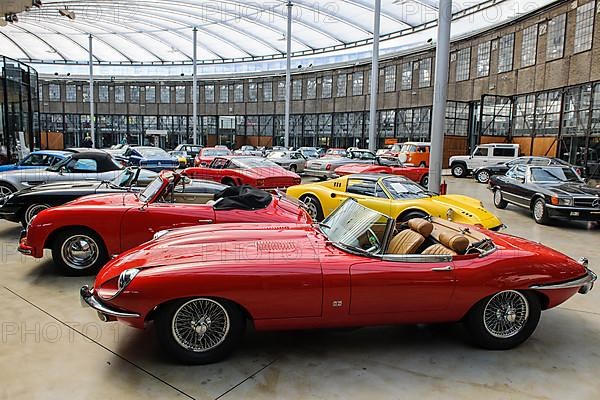 Oldtimer-Zentrum Classic Remise Duesseldorf, in the foreground historic classic sports car Jaguar E E-Type