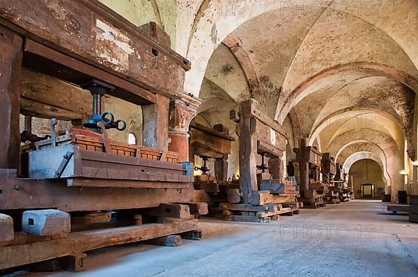 Lay refectory with historic wine presses, dining room of the lay brothers