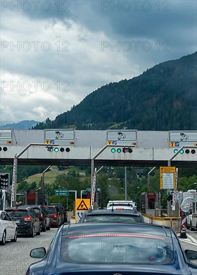 Waiting cars, toll booth on the Brenner motorway between Austria and Italy