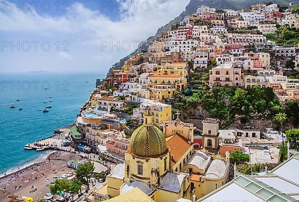 Panorama of the village at the sea with church Santa Maria Assunta, Positano