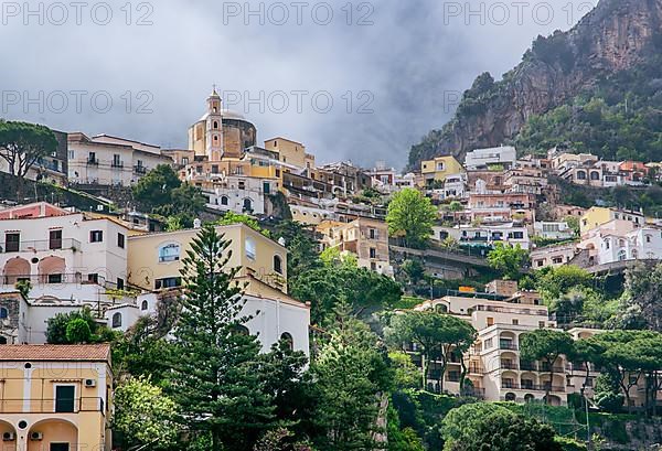 Houses on the hillside with small church, Positano