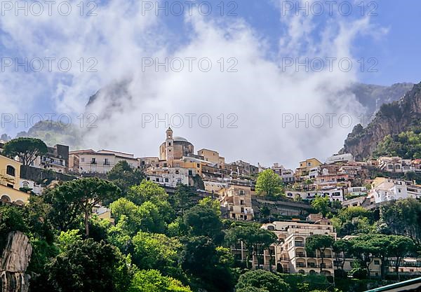 Houses on the hillside with small church, Positano