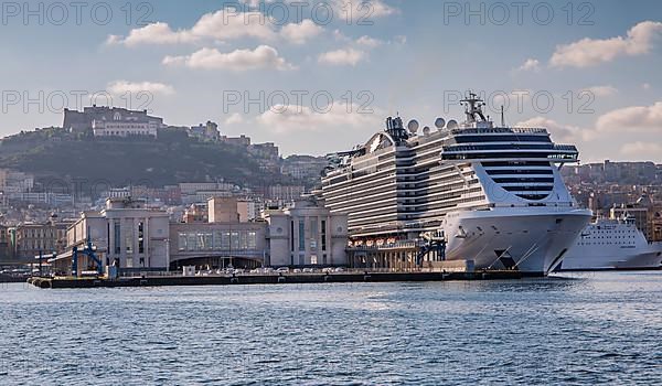 Maritime station Statione Marittima with cruise ship MSC Seaview, Vomero in the background