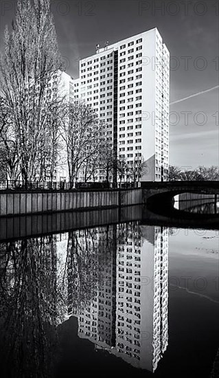 Black and white, high-rise building with rental flats