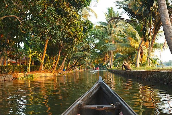 Travelling in canoe on Kerala backwaters. Kerala