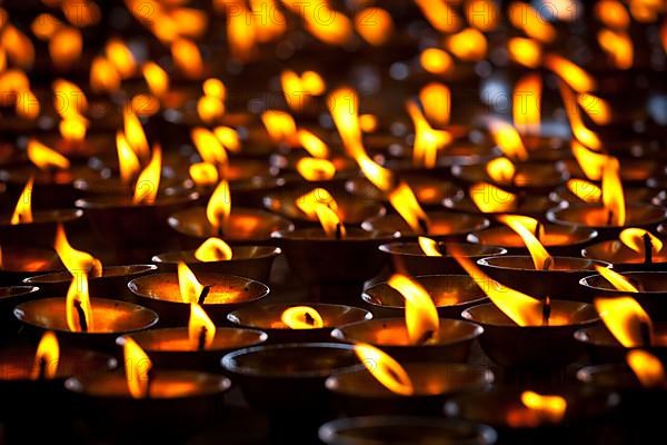 Burning candles in Buddhist temple. Tsuglagkhang complex