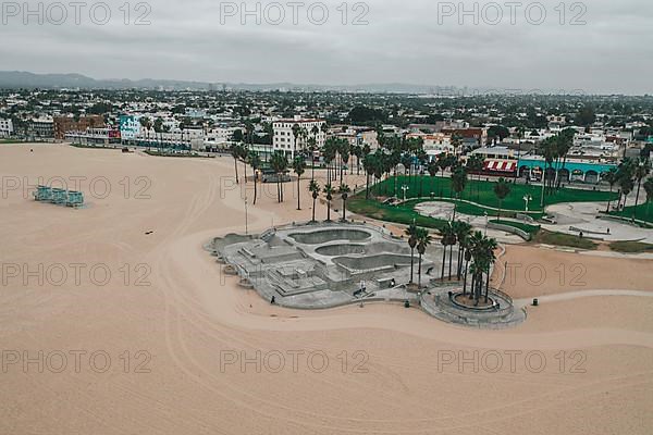 Aerial View of Empty Venice Beach Skatepark morning vibe with no people HQ