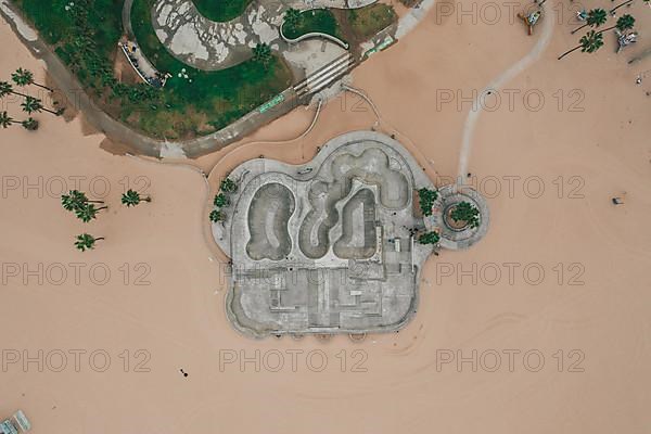 Aerial Overhead View of Empty Venice Beach Skatepark morning vibe with no people HQ