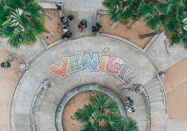 Aerial Overhead View of Venice Beach Skatepark Sign in Colorful letters HQ