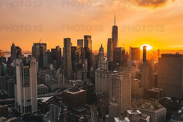 Uptown Manhattan in Golden Hour Sunset Light with Skyline of Skyscrapers Drone Shot HQ