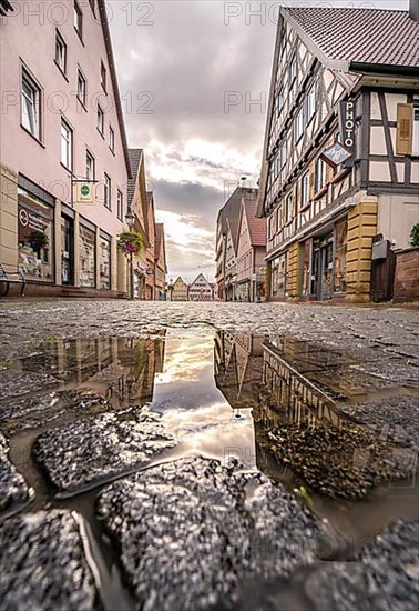 Paved street with puddle in the foreground and historic half-timbered houses