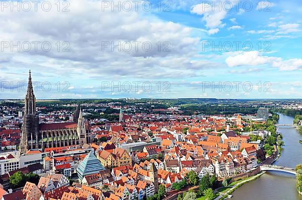 Aerial view of Ulm on the Danube with Ulm Cathedral in fine weather. Ulm