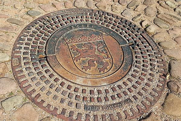 Manhole cover with the coat of arms of Seligenstadt. Seligenstadt