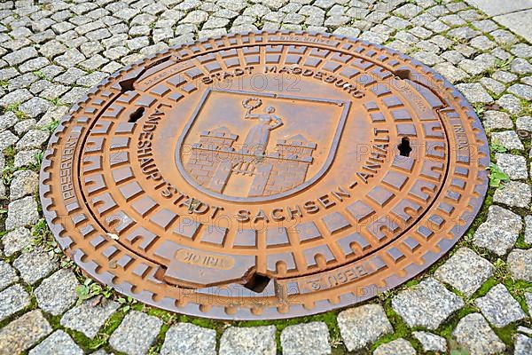 Manhole cover of Magdeburg with coat of arms of the city