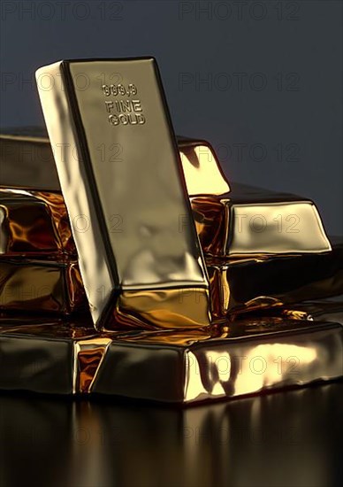 Gold bar lying on a dark background. 3D rendering. Illustration
